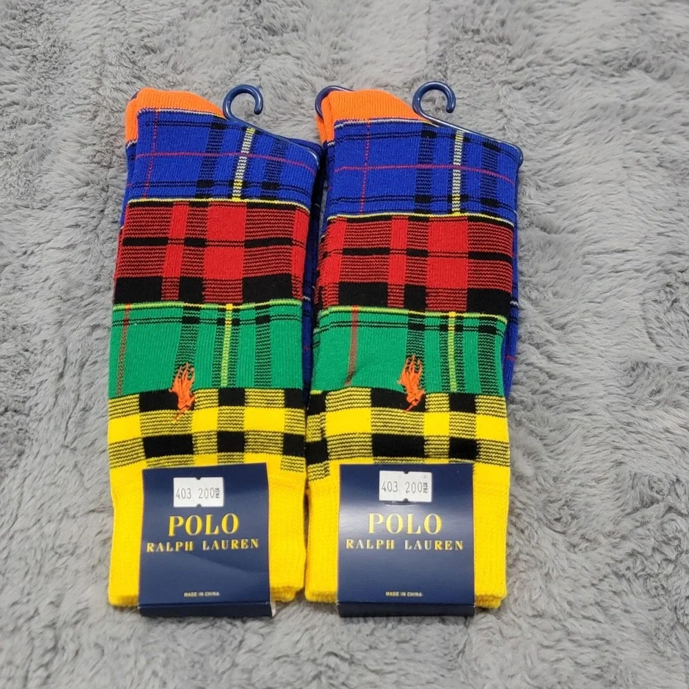 Polo Ralph Lauren Socks Mens 10-13 Patchwork Plaid Colorblock Pony Crew 2 Pairs